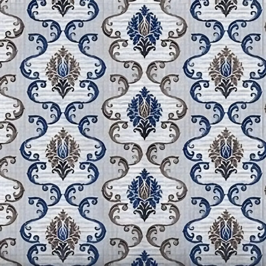 Close-up of the ogee damask print in Blue (VC-27)