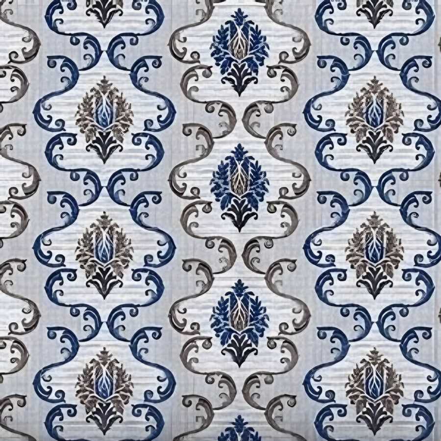 Close-up of the ogee damask print in Blue (VC-27)