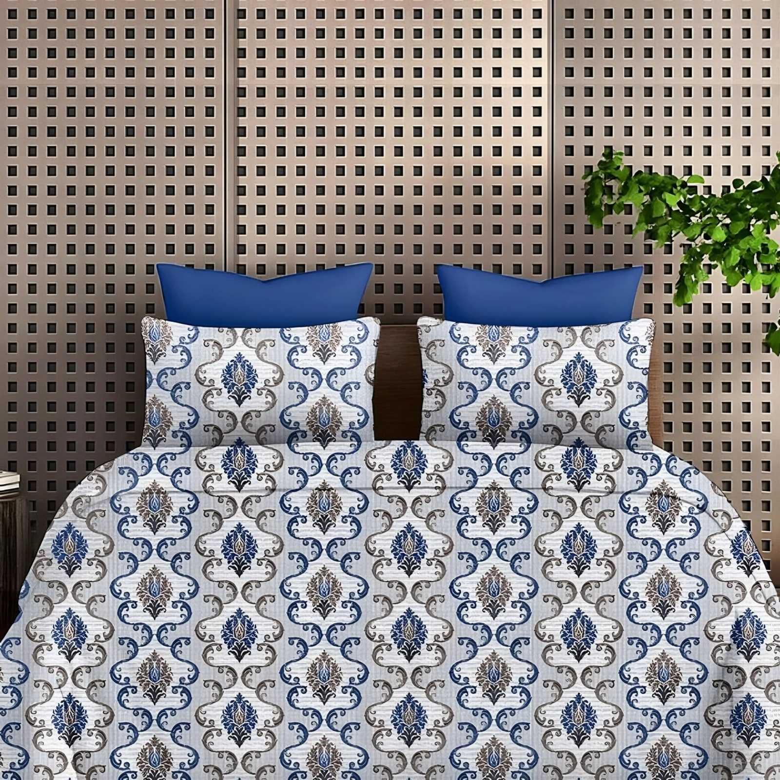 Victoria Ogee Damask Bedsheet Set in Blue (VC-27) on a made bed