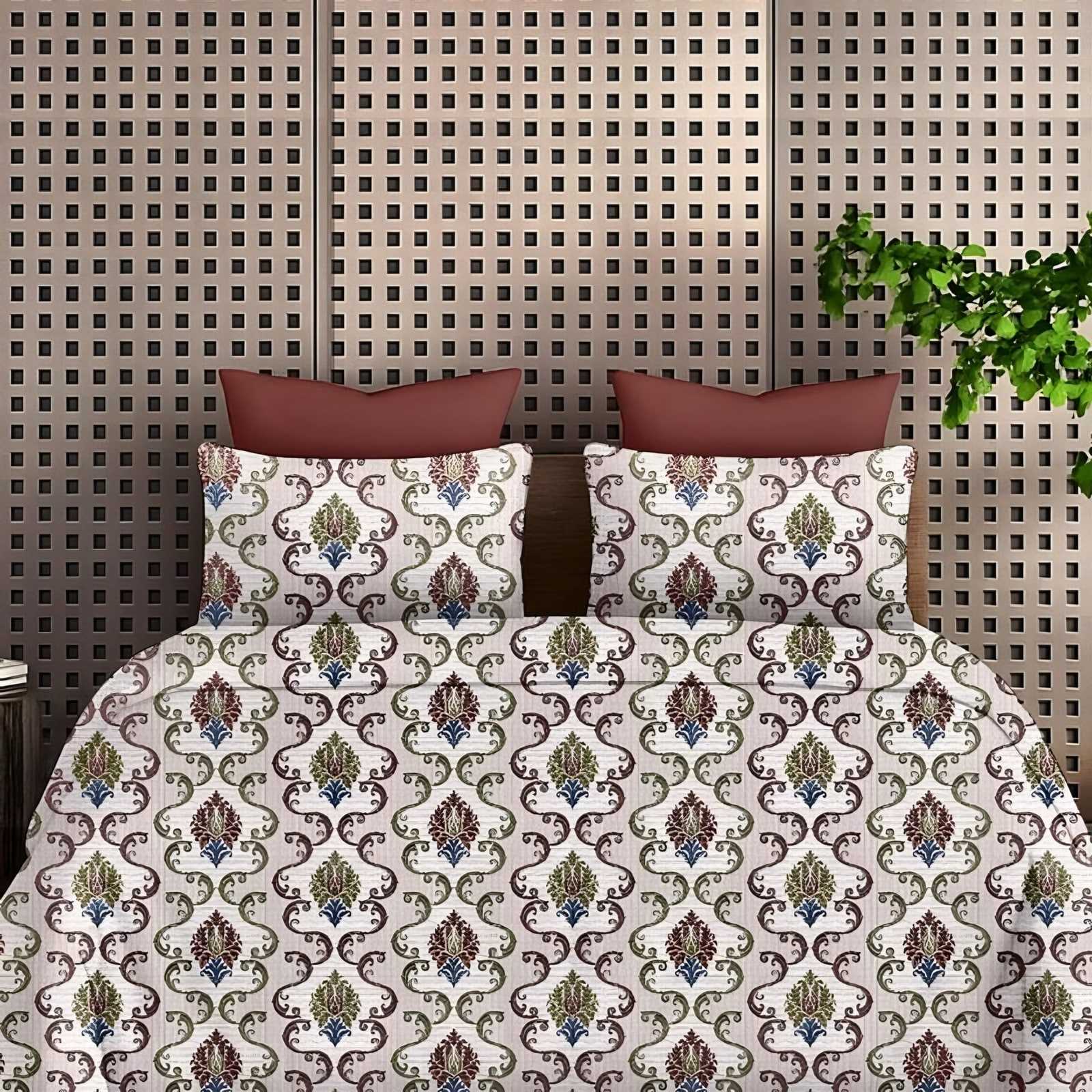 Victoria Ogee Damask Bedsheet Set in Brown (VC-28) on a made bed