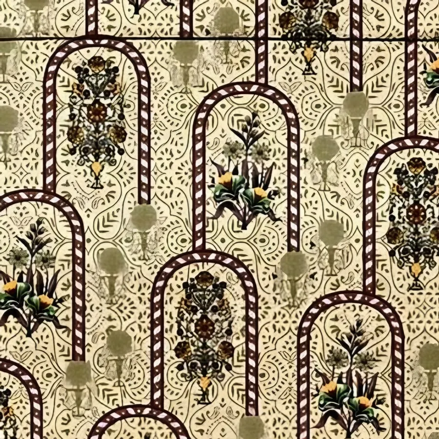 Close-up of the floral arch print in Olive (VC-29)