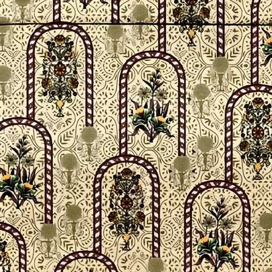 Close-up of the floral arch print in Olive (VC-29)