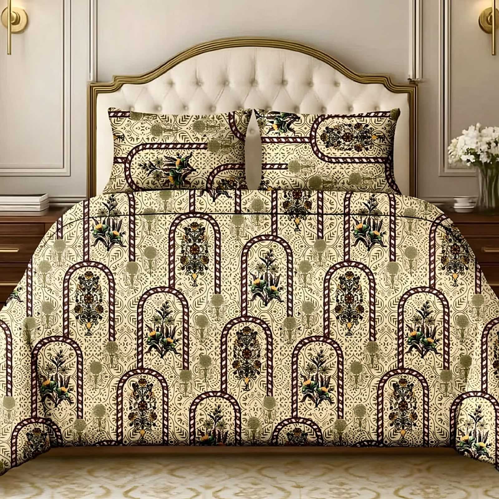 Victoria Floral Arch Bedsheet Set in Olive (VC-29) on a made bed