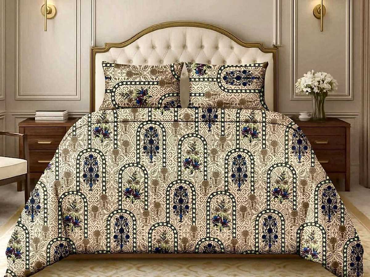 A bed made with the Victoria floral arch print in beige, in a classic bedroom